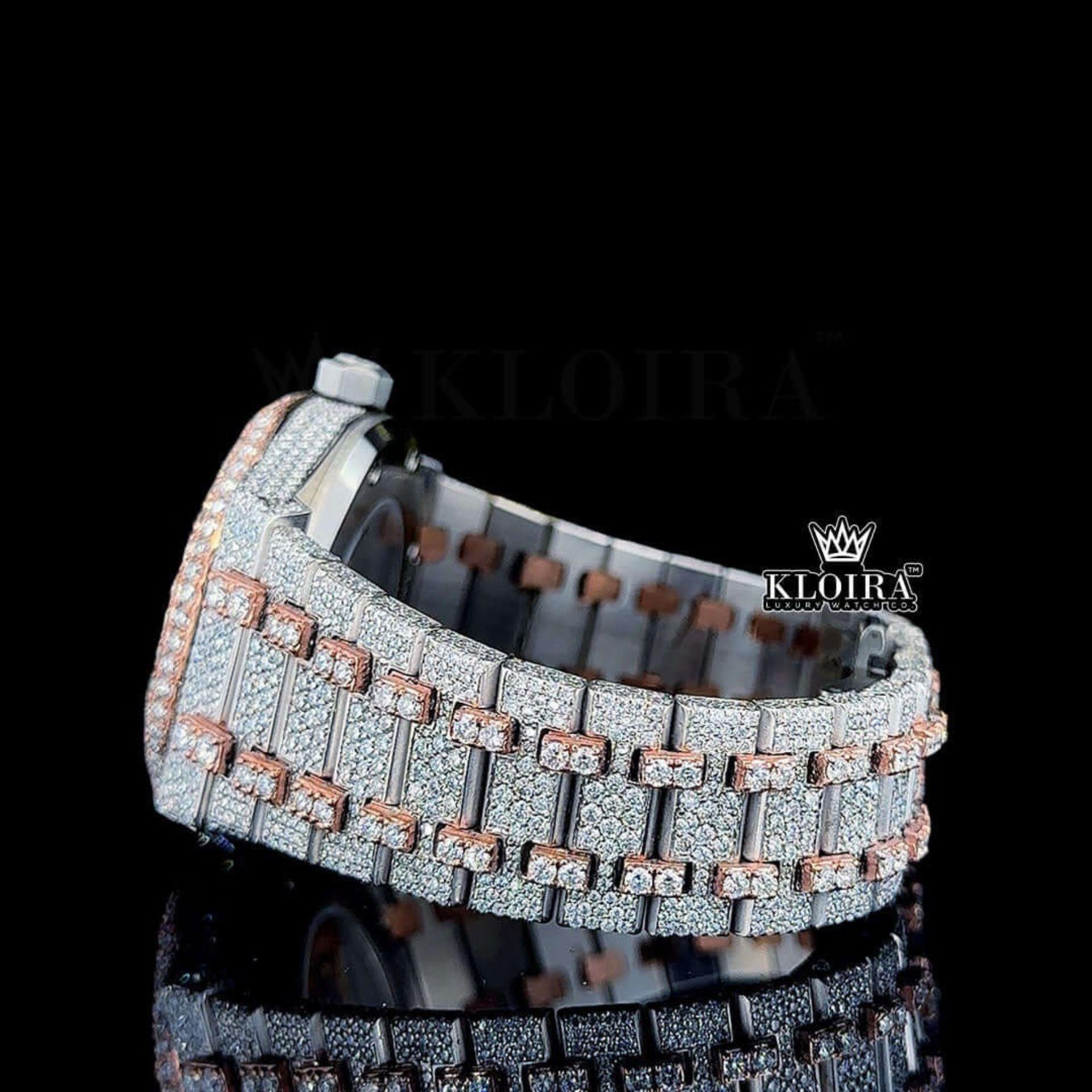 Stick Markers Two-Tone Rose Gold Iced Out Moissanite Diamond Watch Left Side Bracelet View