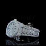 Stick Markers White Dial Fully Iced Out AP Moissanite Diamond Watch Close Up Front View