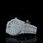 Stick Markers White Dial Fully Iced Out AP Moissanite Diamond Watch Left Profile View