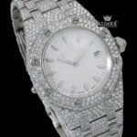 Stick Markers White Dial Fully Iced Out Moissanite Diamond Watch Close Up Dial View