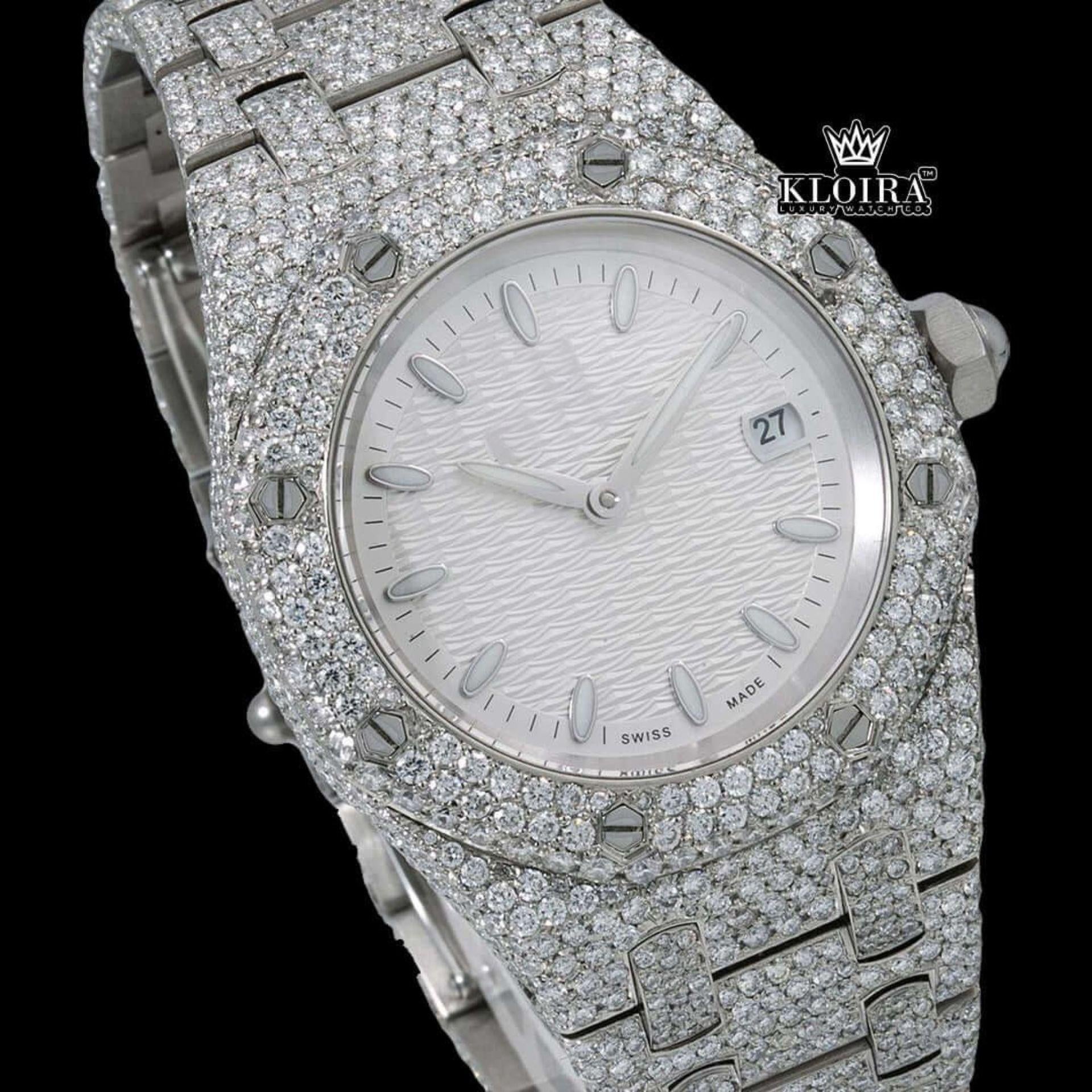 Stick Markers White Dial Fully Iced Out Moissanite Diamond Watch Close Up Dial View
