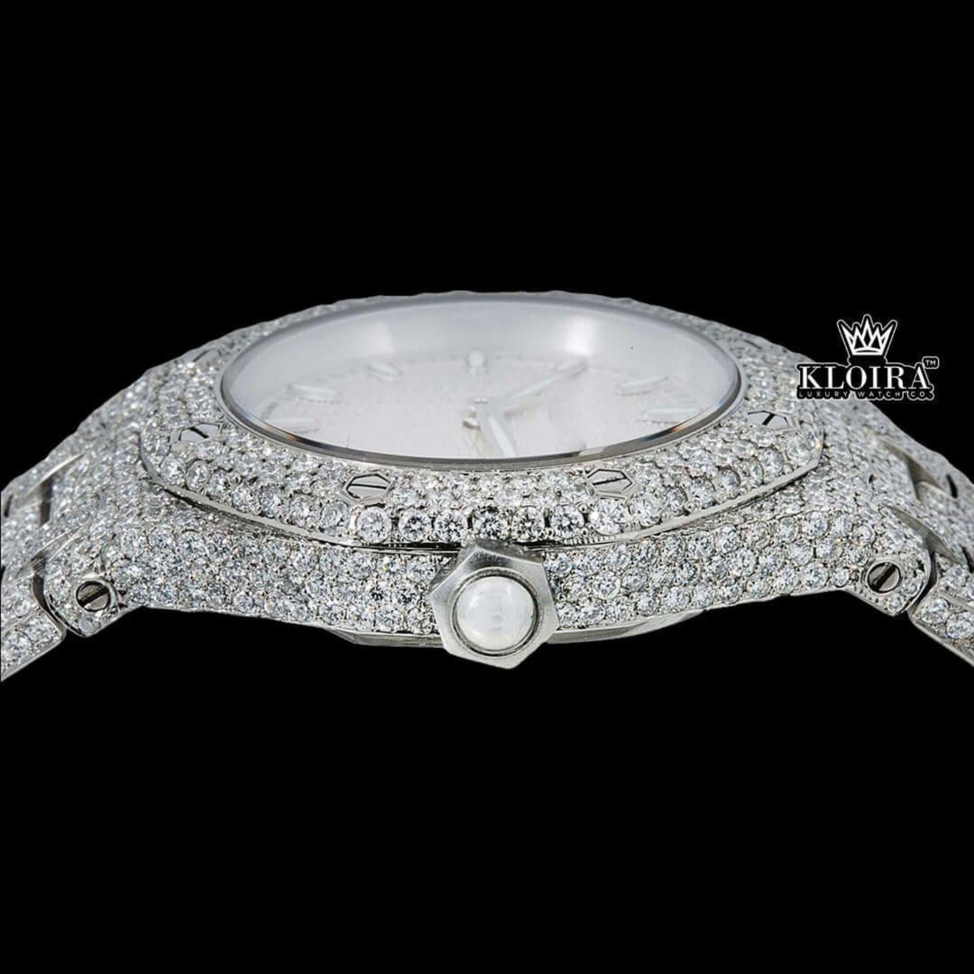 Stick Markers White Dial Fully Iced Out Moissanite Diamond Watch Crown View