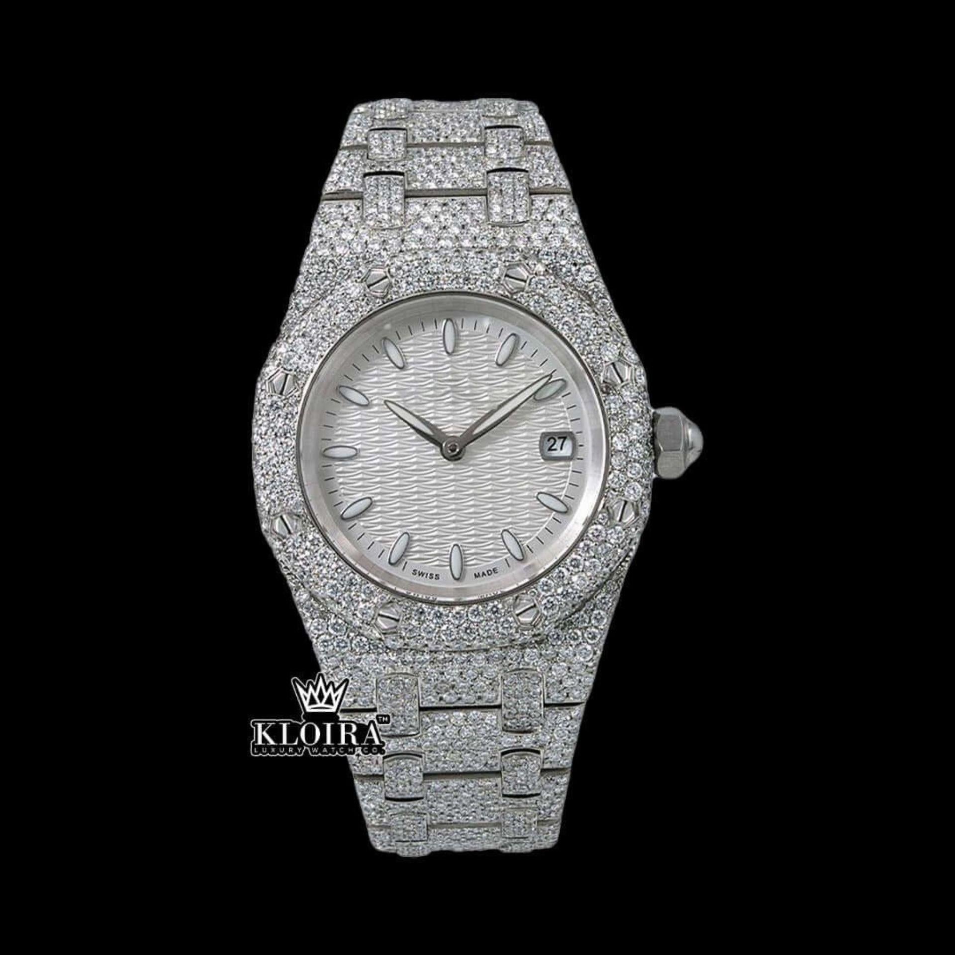 Stick Markers White Dial Fully Iced Out Moissanite Diamond Watch Front View