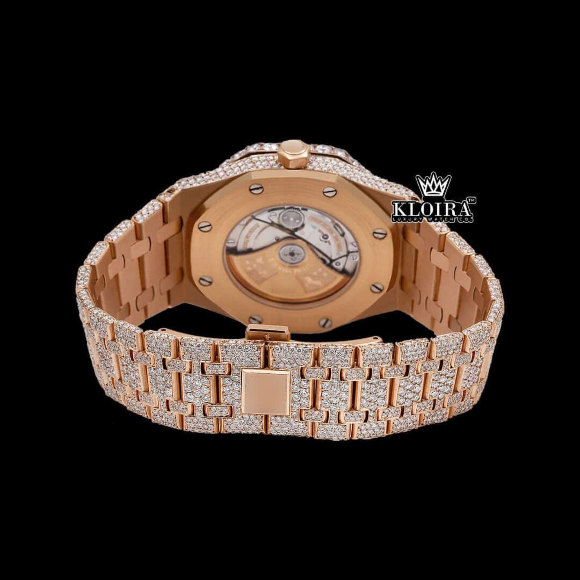 Stick Markers White Dial Rose Gold Moissanite Diamond Watch Caseback View