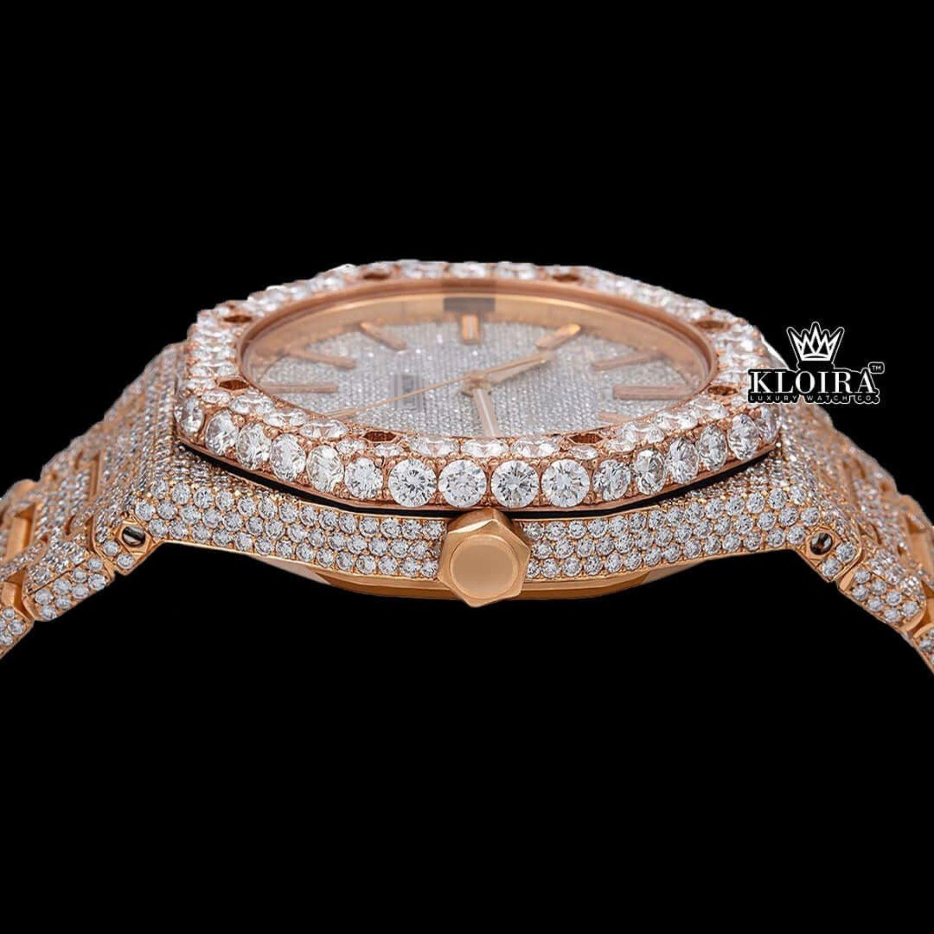 Stick Markers White Dial Rose Gold Moissanite Diamond Watch Crown View