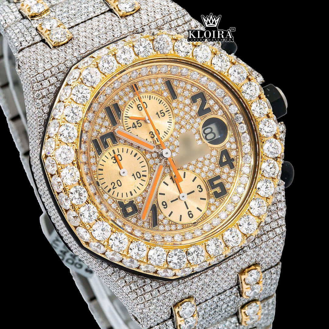 Two Tone AP Moissanite Diamond Watch with yellow dial and diamond embellishments in 14K gold plating.