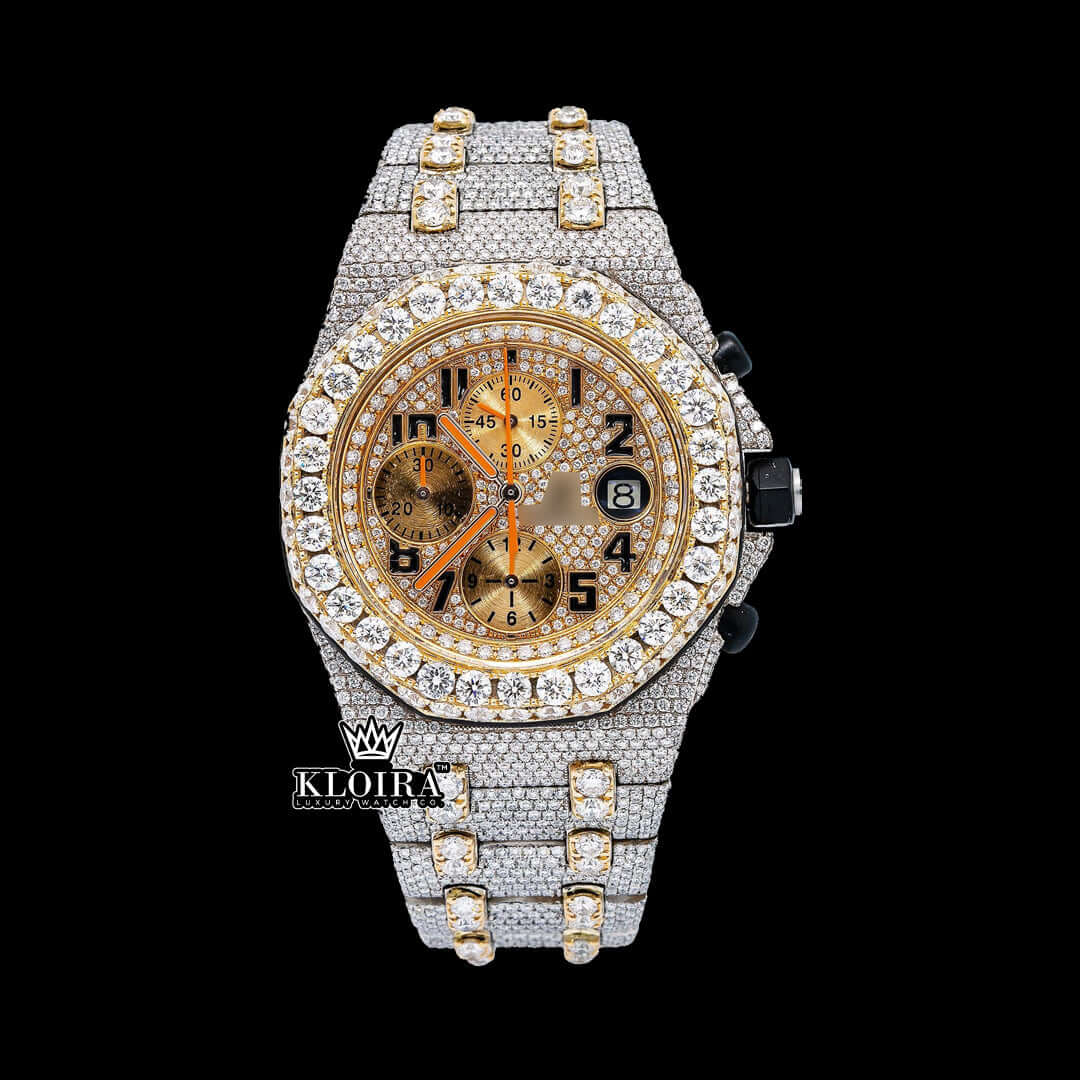 Two Tone AP Moissanite Diamond Watch in 14K Gold with vibrant yellow dial and sparkling diamonds.
