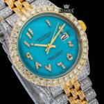 Tiffany Blue Arabic Dial Two Tone Diamond Link Strap Moissanite Watch Close Up Dial View
