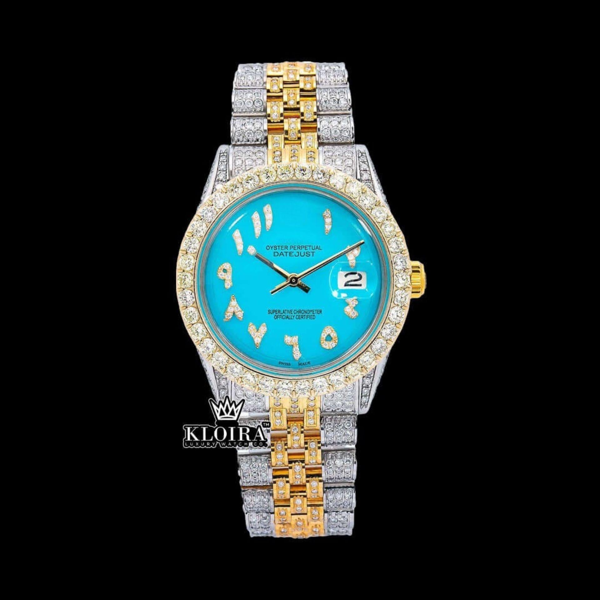 Tiffany Blue Arabic Dial Two Tone Diamond Link Strap Moissanite Watch Front View
