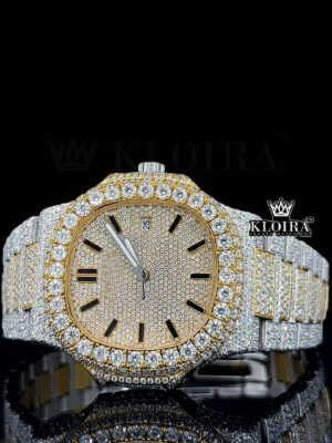 Two-Tone Yellow dial Black Stick Markers Bust Down Moissanite Diamond Watch