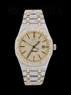 Two Tone AP Yellow Dial Fully Iced Out Moissanite Watch