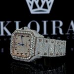 Two Tone Arabic Numerals Rose Gold Dial Moissanite Diamond Watch Left Profile View