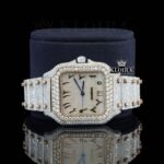 Two Tone Arabic Numerals Yellow Fully Iced Dial Moissanite Diamond Watch Close Up Front View