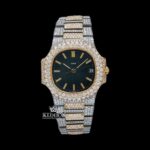 Two Tone Black Dial Fully Iced Out Stick Markers Moissanite Diamond Watch