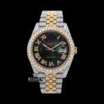 Two Tone Black Dial Roman Numerals Moissanite Diamond Watch
