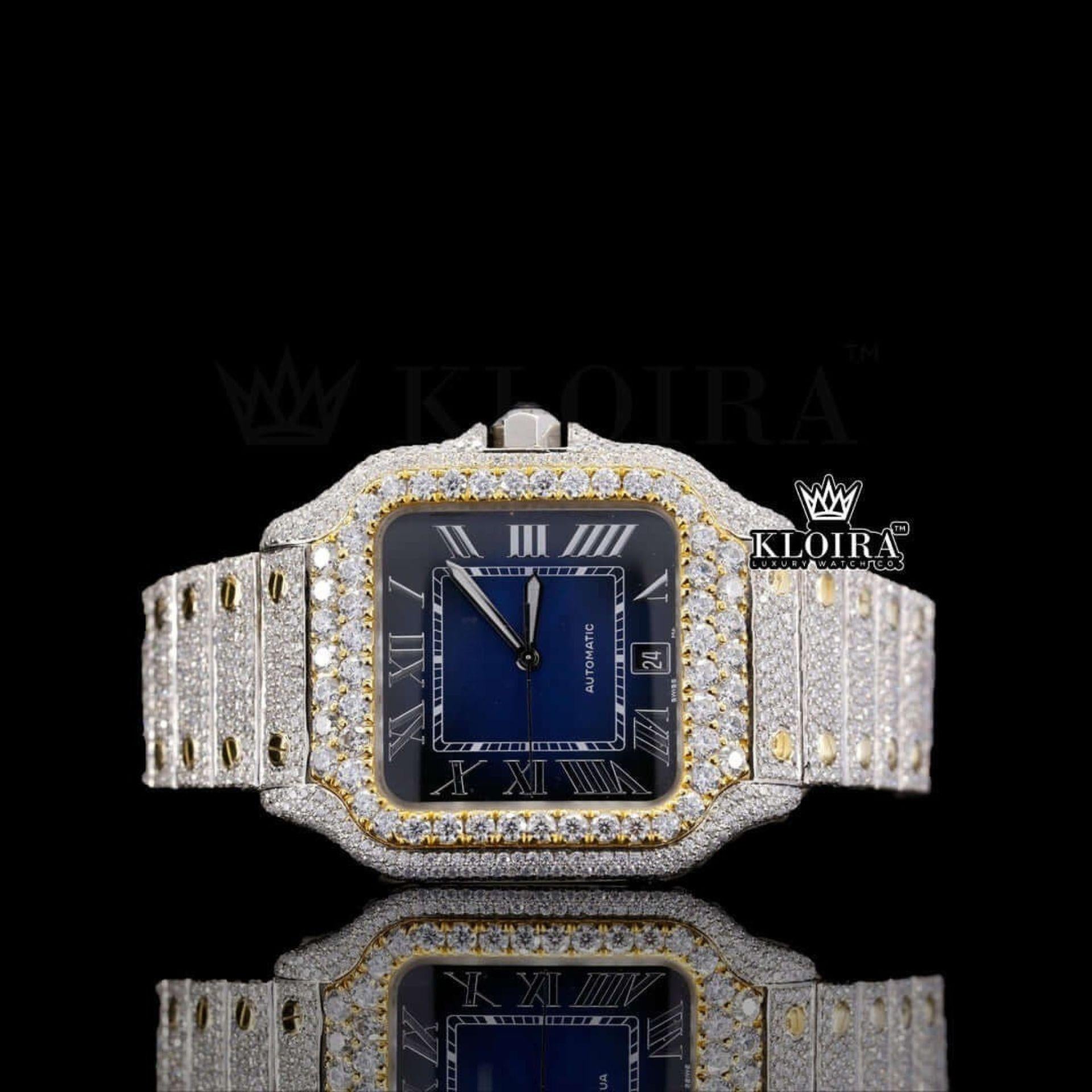 Two Tone Blue Dial Roman Numerals Moissanite Diamond Watch Front View