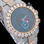 Two Tone Chronograph Blue Dial Iced Out Moissanite Diamond Watch Close Up Dial View