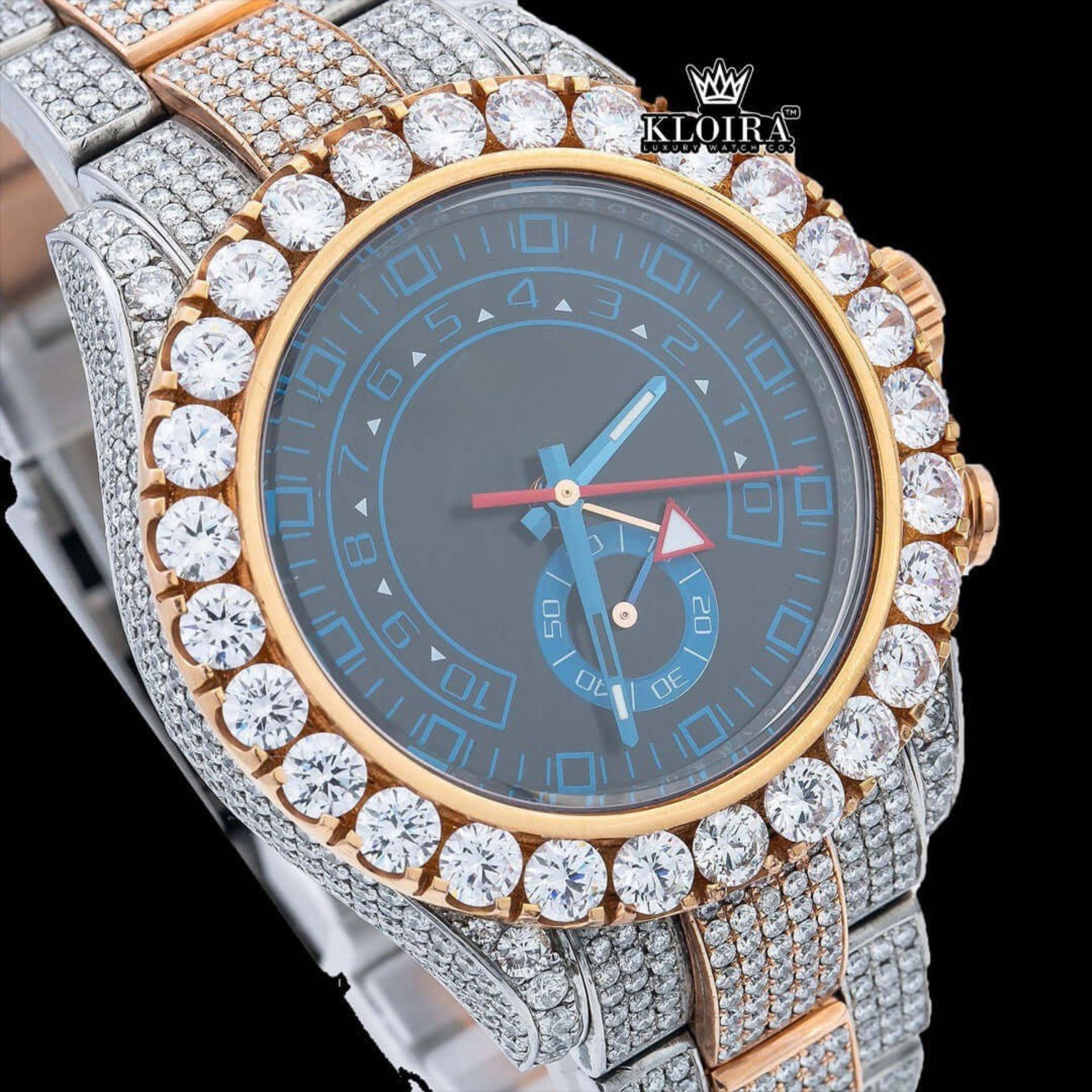 Two Tone Chronograph Blue Dial Iced Out Moissanite Diamond Watch Close Up Dial View