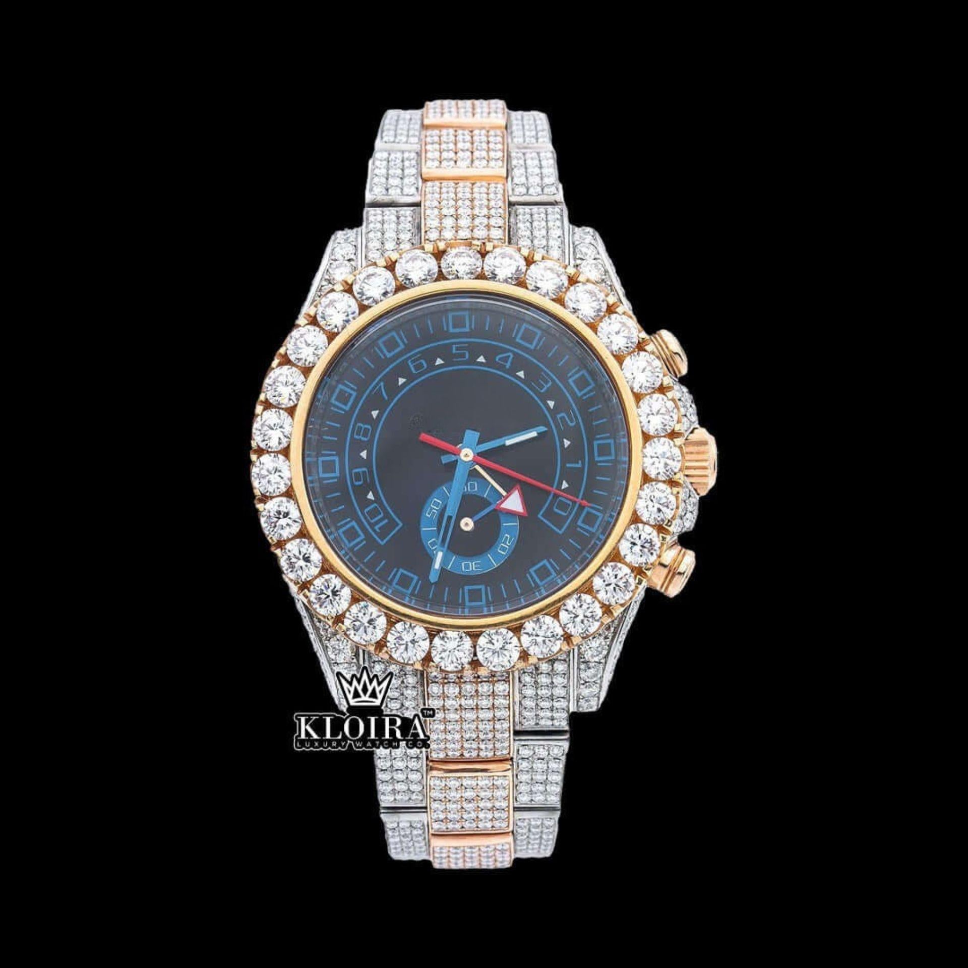Two Tone Chronograph Blue Dial Iced Out Moissanite Diamond Watch Front View