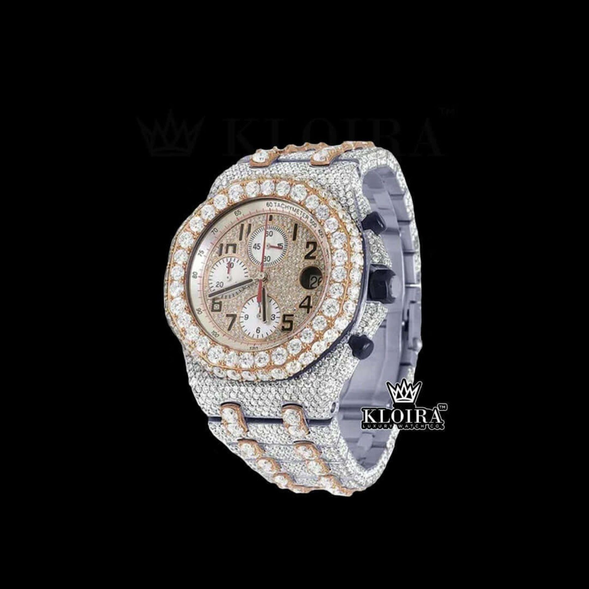 Two Tone Chronograph Standard Numerals Moissanite Diamond Watch Close Up Front View