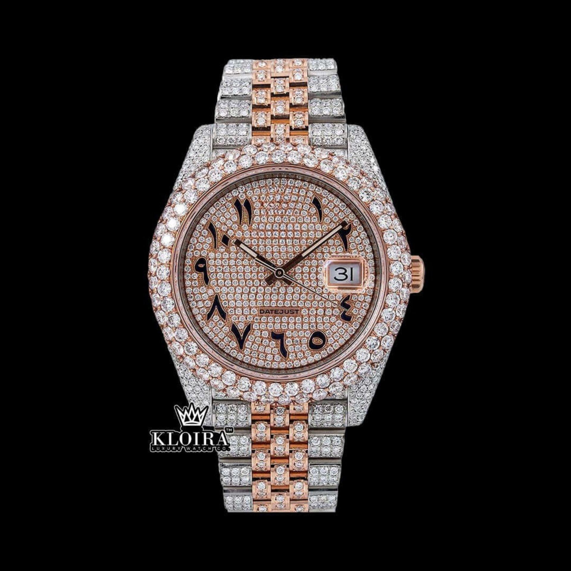 Two Tone Diamond Link Strap Arabic Dial Rose Gold Moissanite Watch Front View