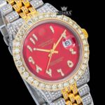 Two Tone Diamond Link Strap Arabic Numerals Red Dial Moissanite Watch Close Up Dial View
