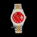 Two Tone Diamond Link Strap Arabic Numerals Red Dial Moissanite Watch