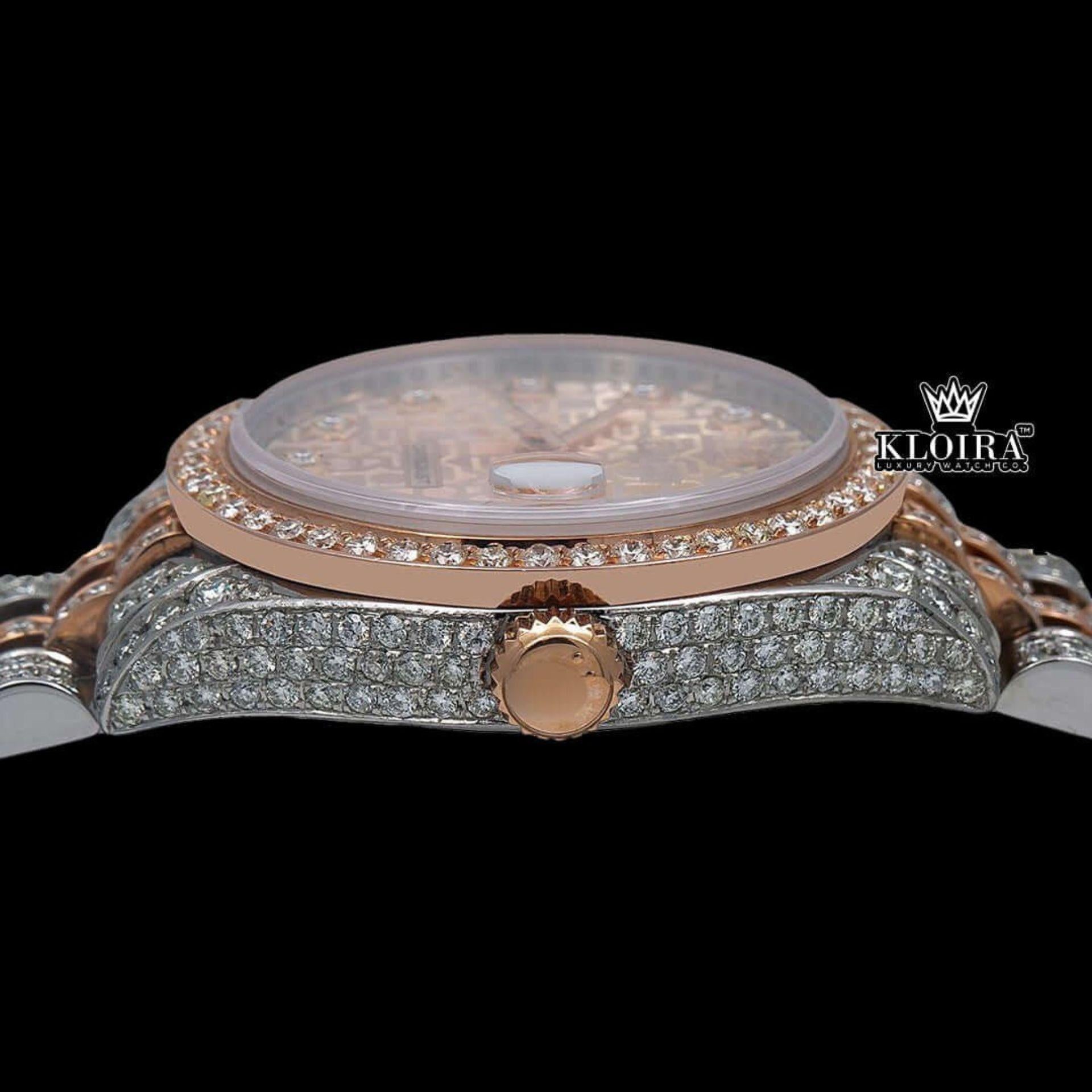 Two Tone Diamond Link Strap Pink Dial Iced Out Moissanite Watch Crown View