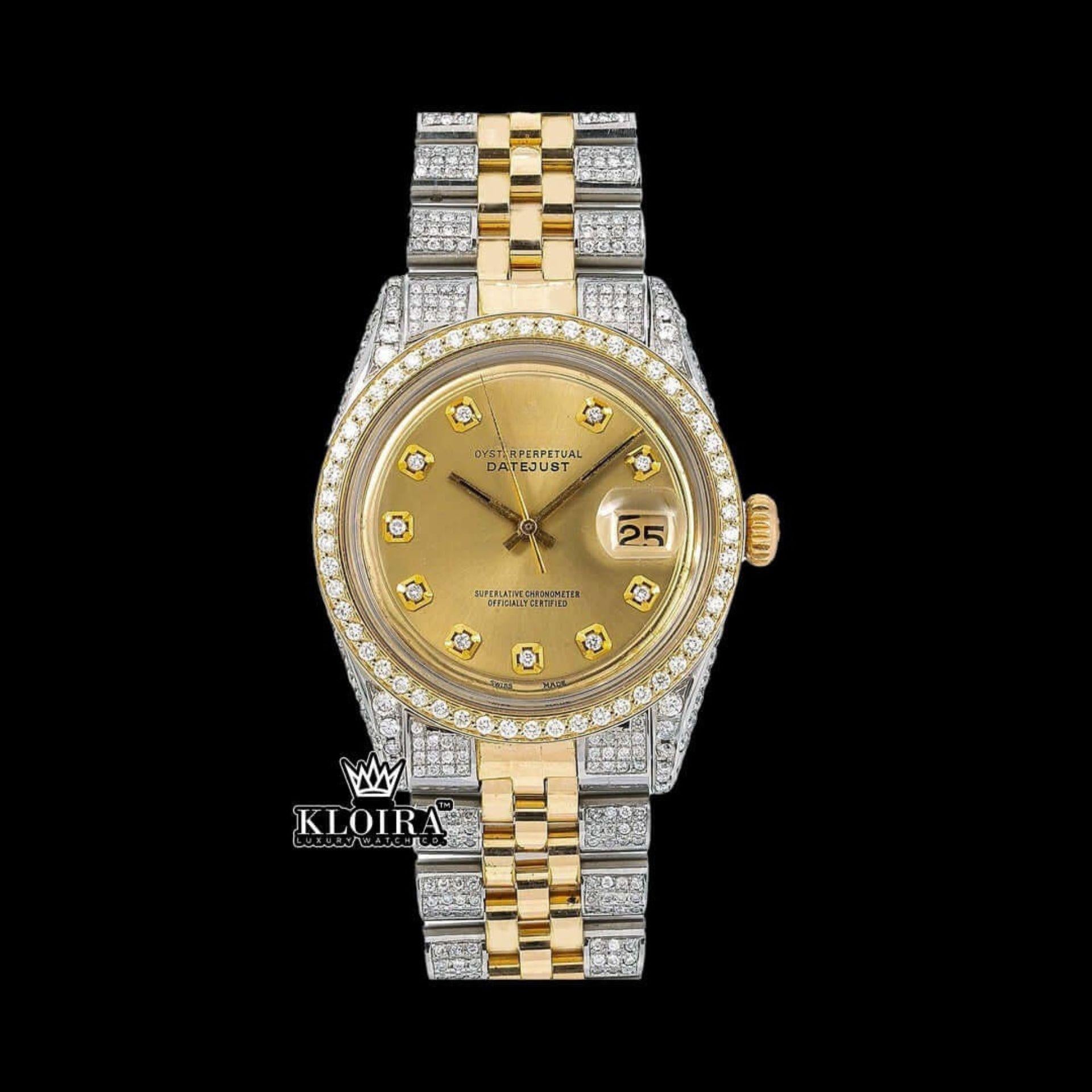 Two Tone Diamond Marker Yellow Gold Dial Moissanite Diamond Watch Front View