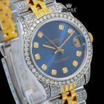 Two Tone Diamond Markers Blue Dial Iced Out Moissanite Diamond Watch Close Up Dial View