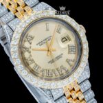 Two Tone Diamond Studded Roman Numerals Moissanite Diamond Watch Close Up Dial View