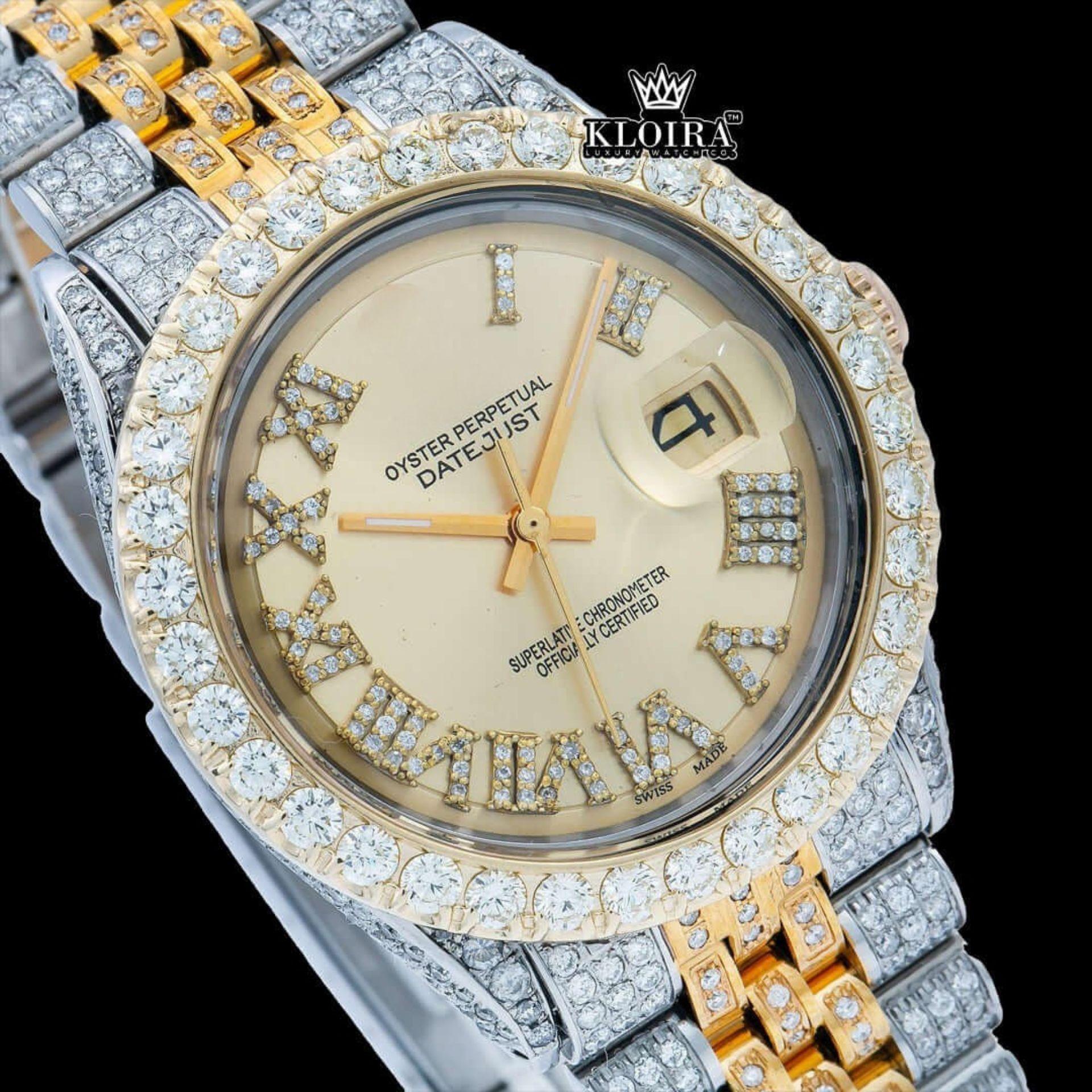 Two Tone Diamond Studded Roman Numerals Moissanite Diamond Watch Close Up Dial View