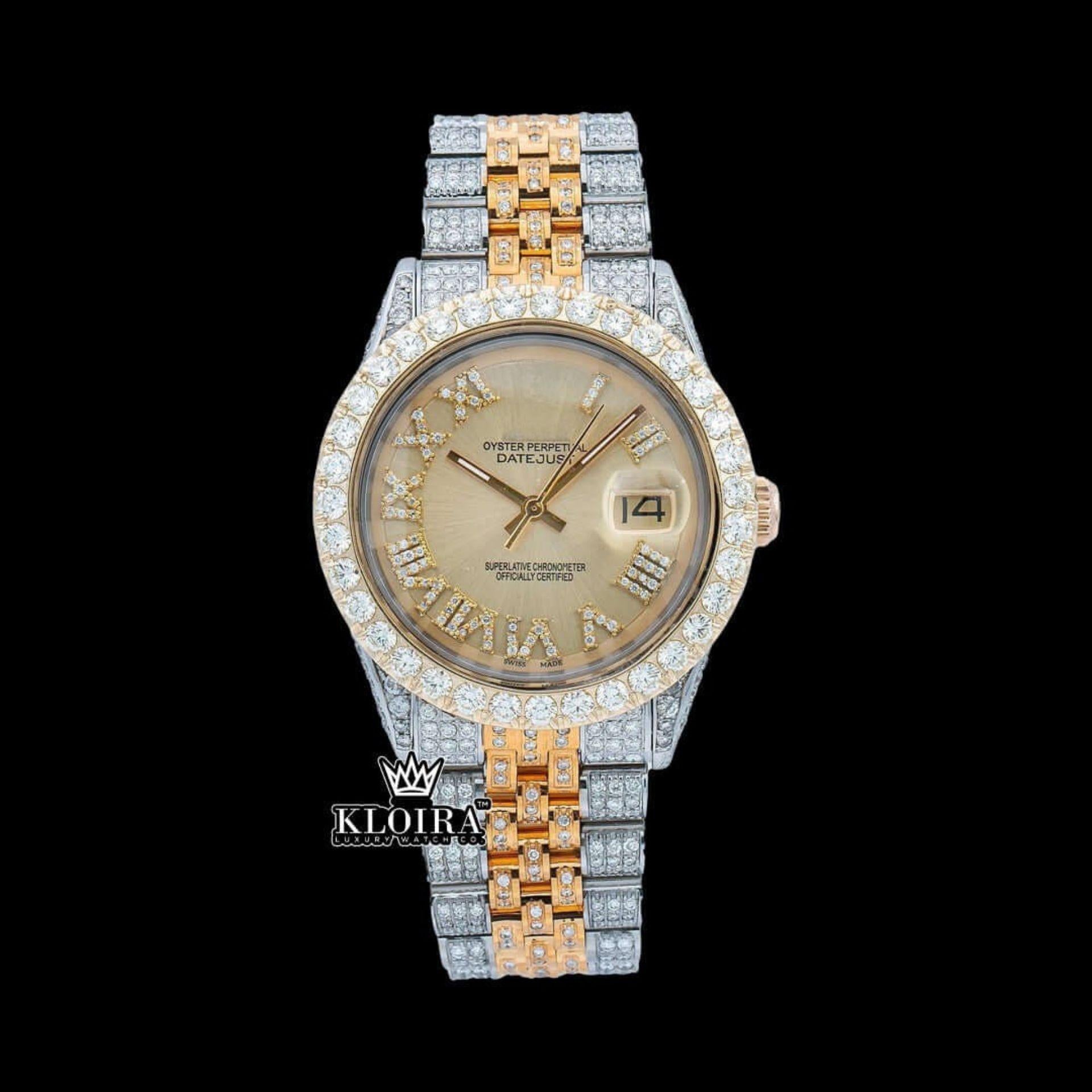 Two Tone Diamond Studded Roman Numerals Moissanite Diamond Watch Front View
