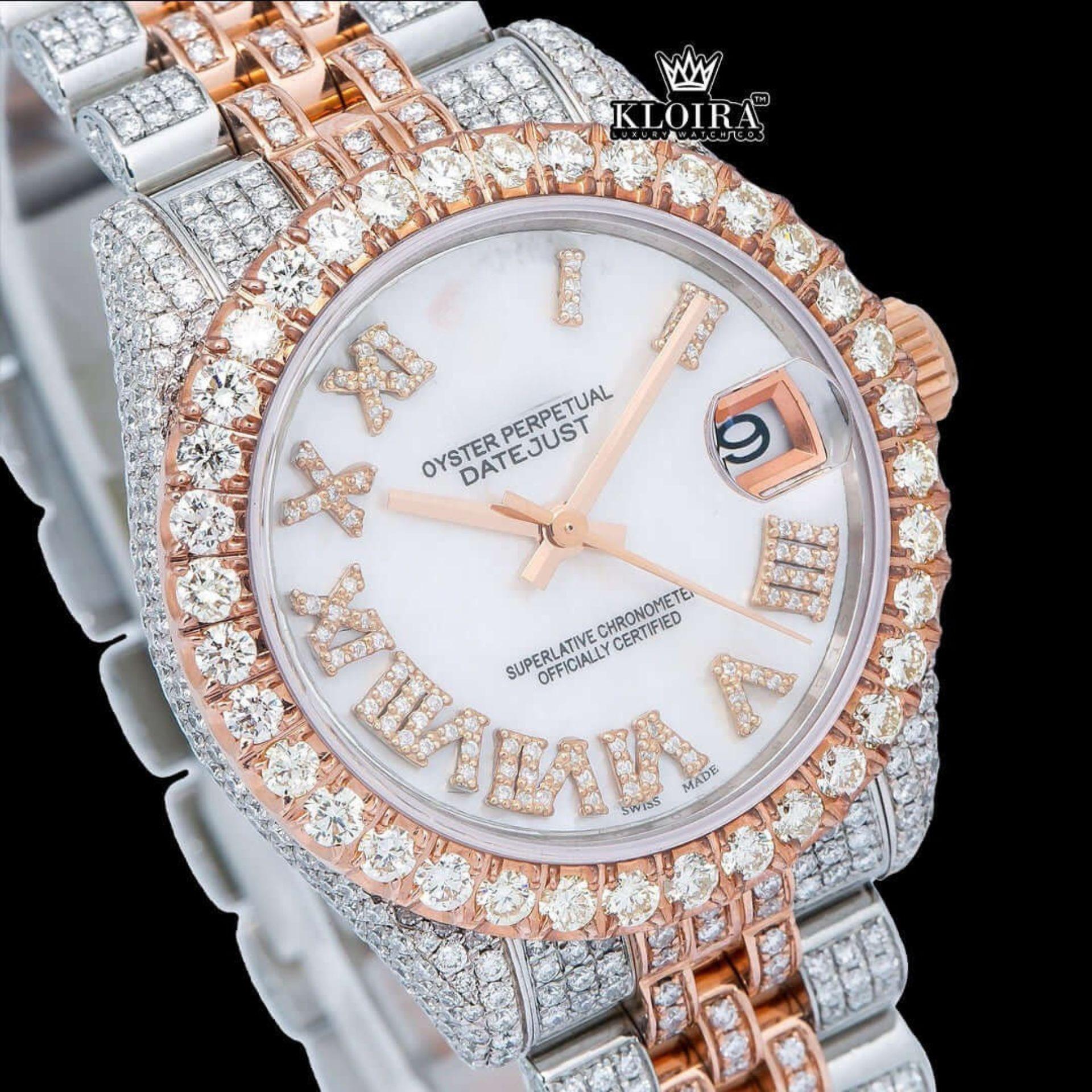Two Tone Fully Iced Out White Roman Dial Moissanite Diamond Watch Close Up Dial View