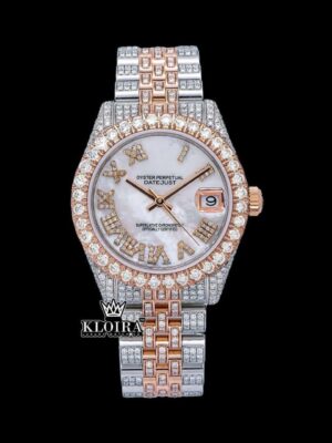 Two Tone Fully Iced Out White Roman Dial Moissanite Diamond Watch