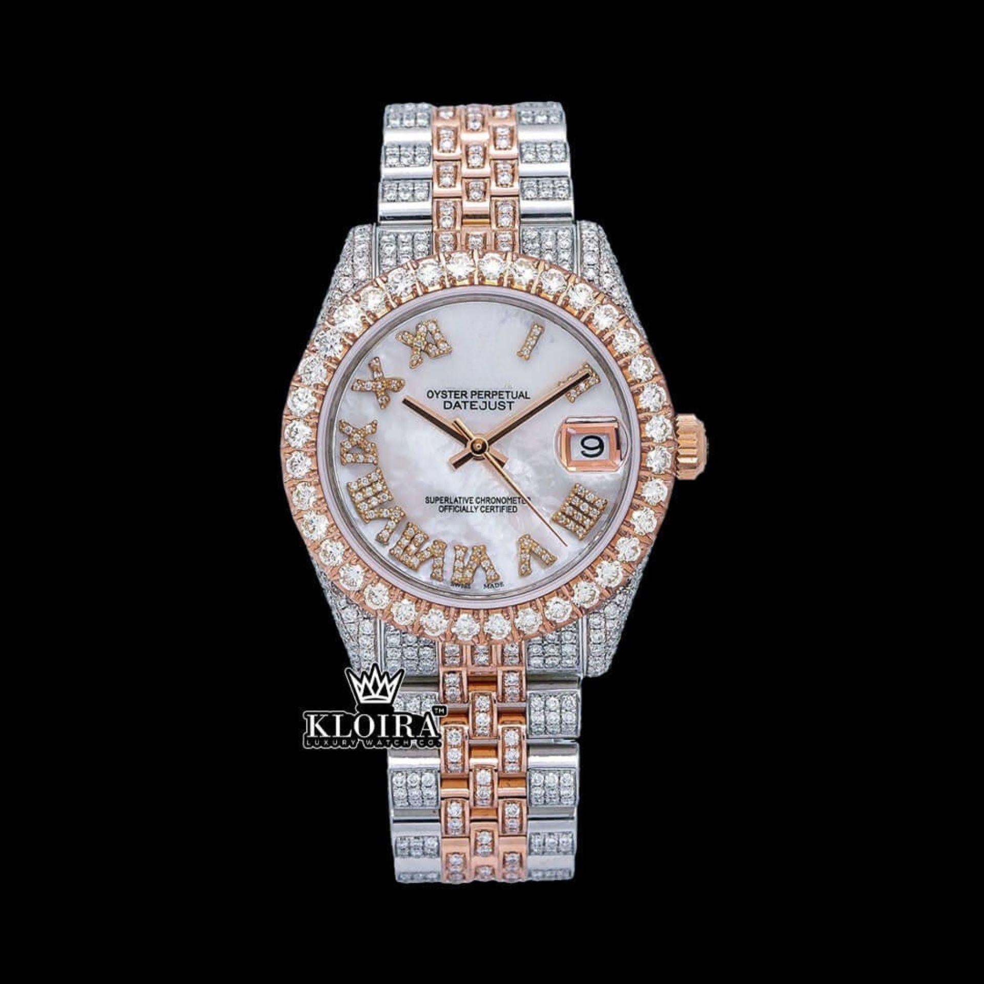 Two Tone Fully Iced Out White Roman Dial Moissanite Diamond Watch Front View