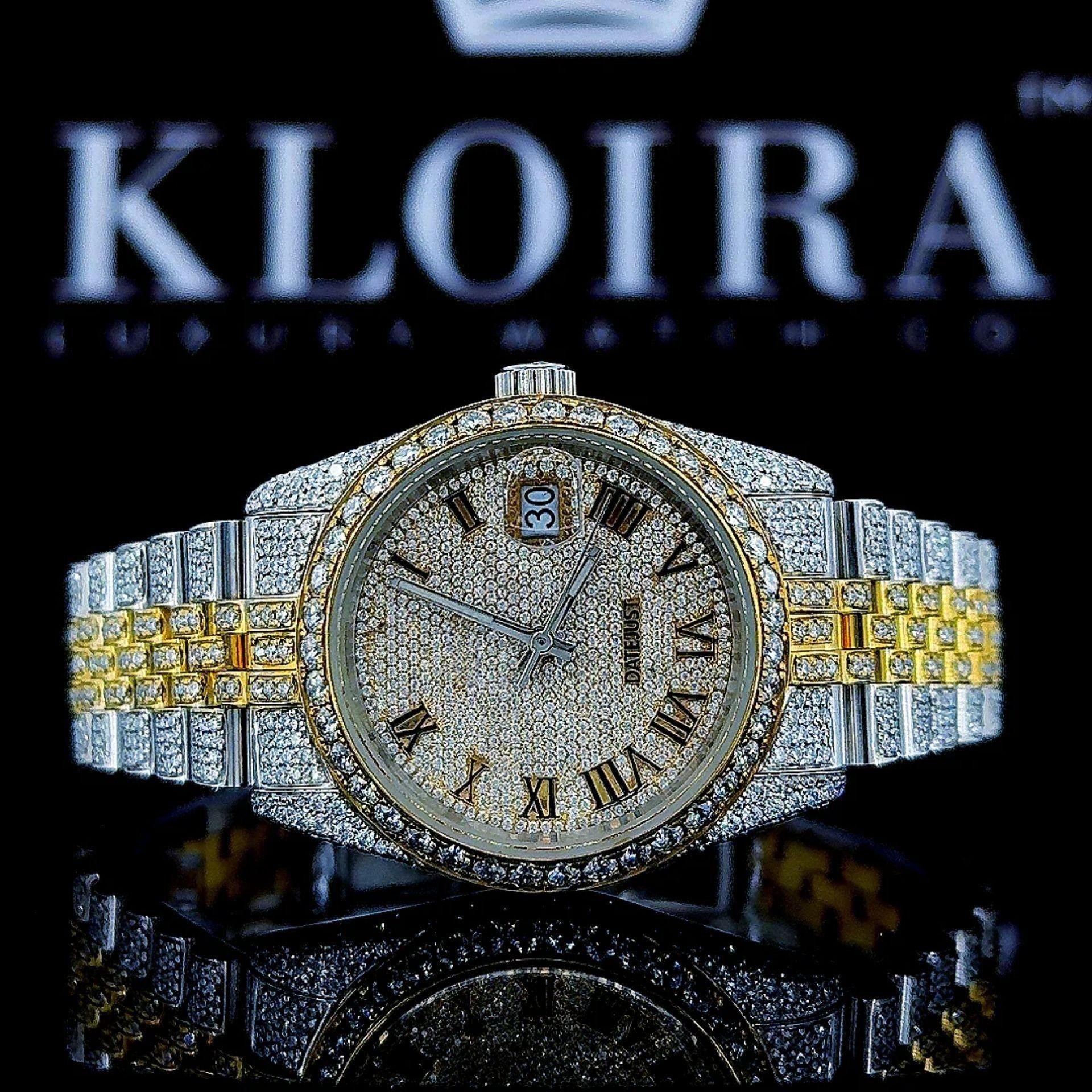Two Tone Fully Iced Out Yellow Roman Dial Moissanite Watch Front View
