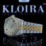Two Tone Fully Iced Out Yellow Roman Dial Moissanite Watch Left Profile View