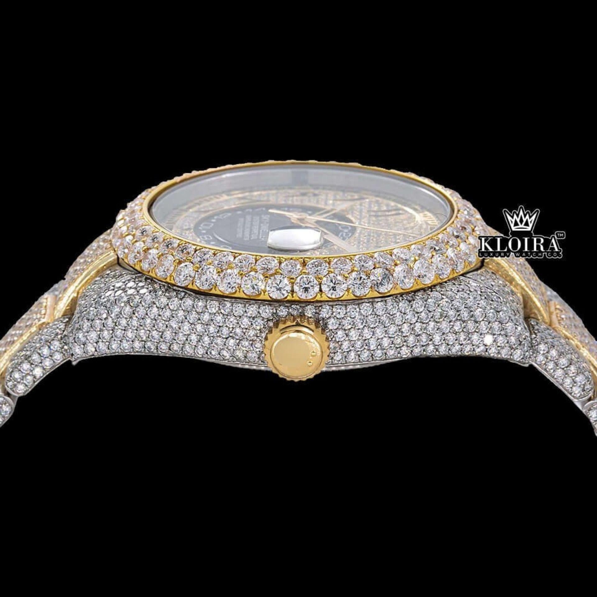 Two Tone Gold Dial Arabic Numerals Iced Out Moissanite Diamond Watch Crown View