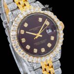 Two Tone Iced Out Brown Dial Diamond Markers Moissanite Watch Close Up Dial View