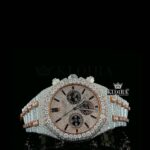 Two Tone Iced Out Chronograph Rose Dial Moissanite Diamond Watch