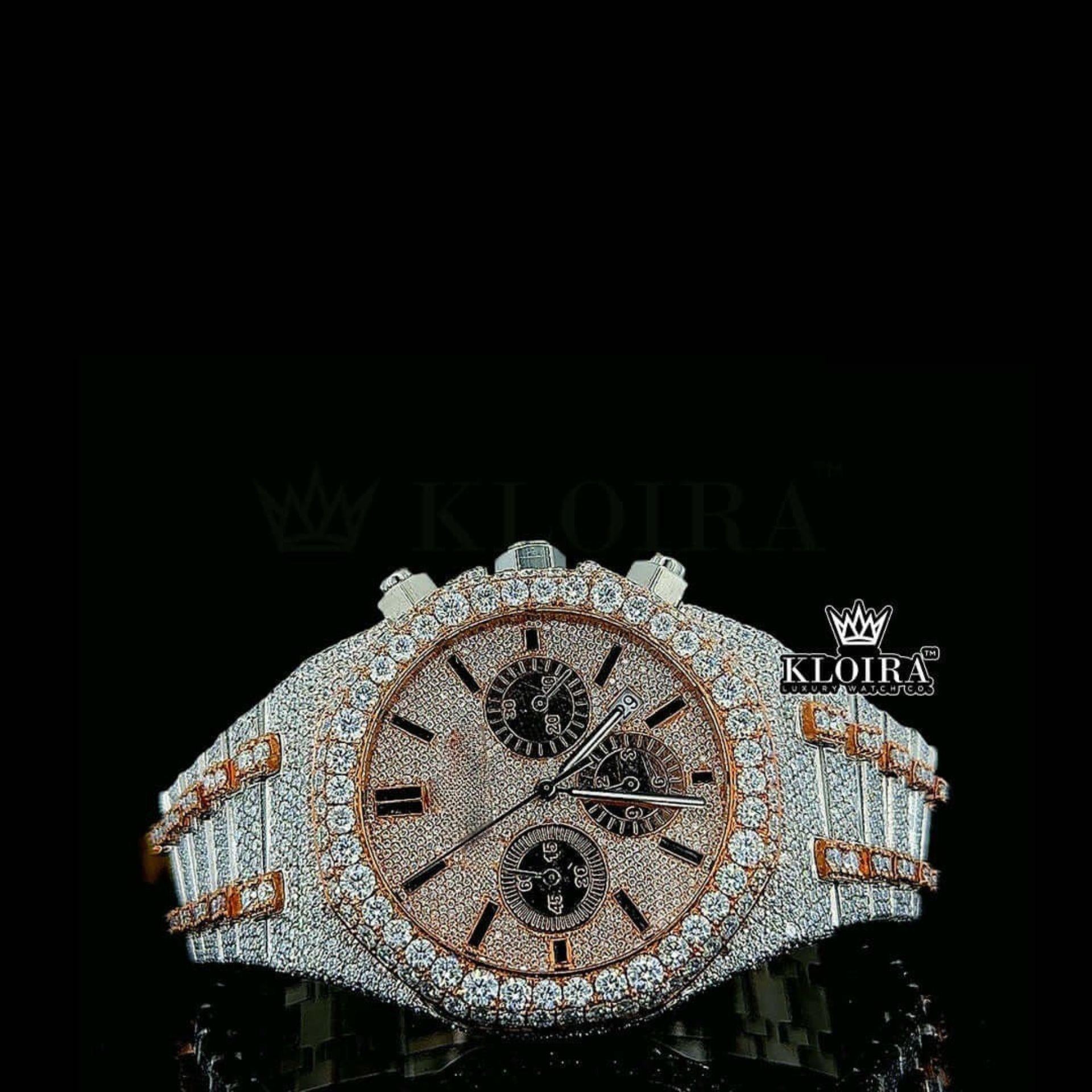 Two Tone Iced Out Chronograph Rose Dial Moissanite Diamond Watch Front View