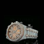 Two Tone Iced Out Chronograph Rose Dial Moissanite Diamond Watch Left Profile View