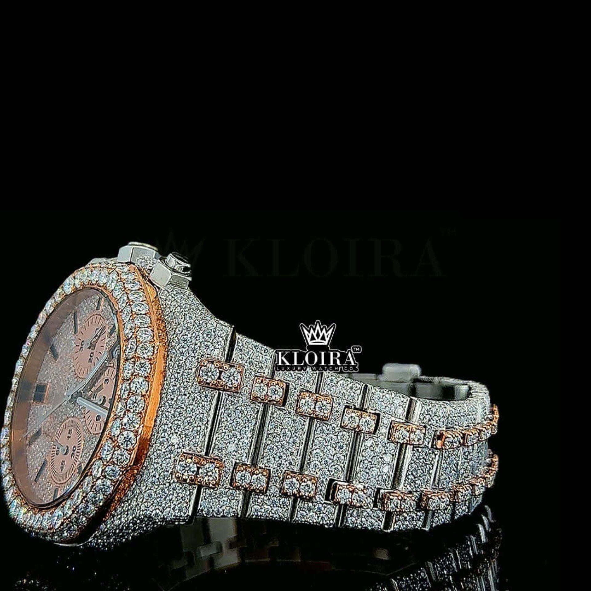 Two Tone Iced Out Chronograph Rose Dial Moissanite Diamond Watch Left Side View