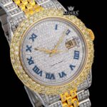 Two Tone Iced Out Dial Blue Roman Numerals Moissanite Diamond Watch Close Up Dial View