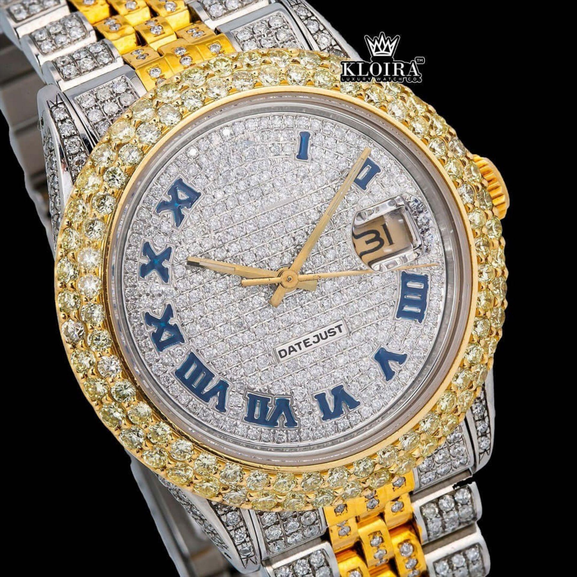 Two Tone Iced Out Dial Blue Roman Numerals Moissanite Diamond Watch Close Up Dial View