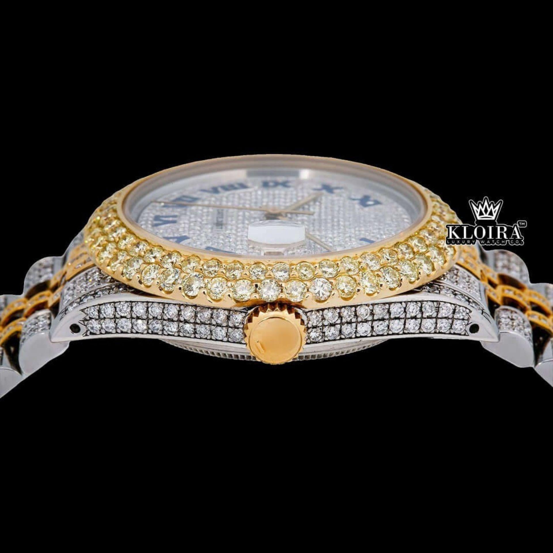 Two Tone Iced Out Dial Blue Roman Numerals Moissanite Diamond Watch Crown View