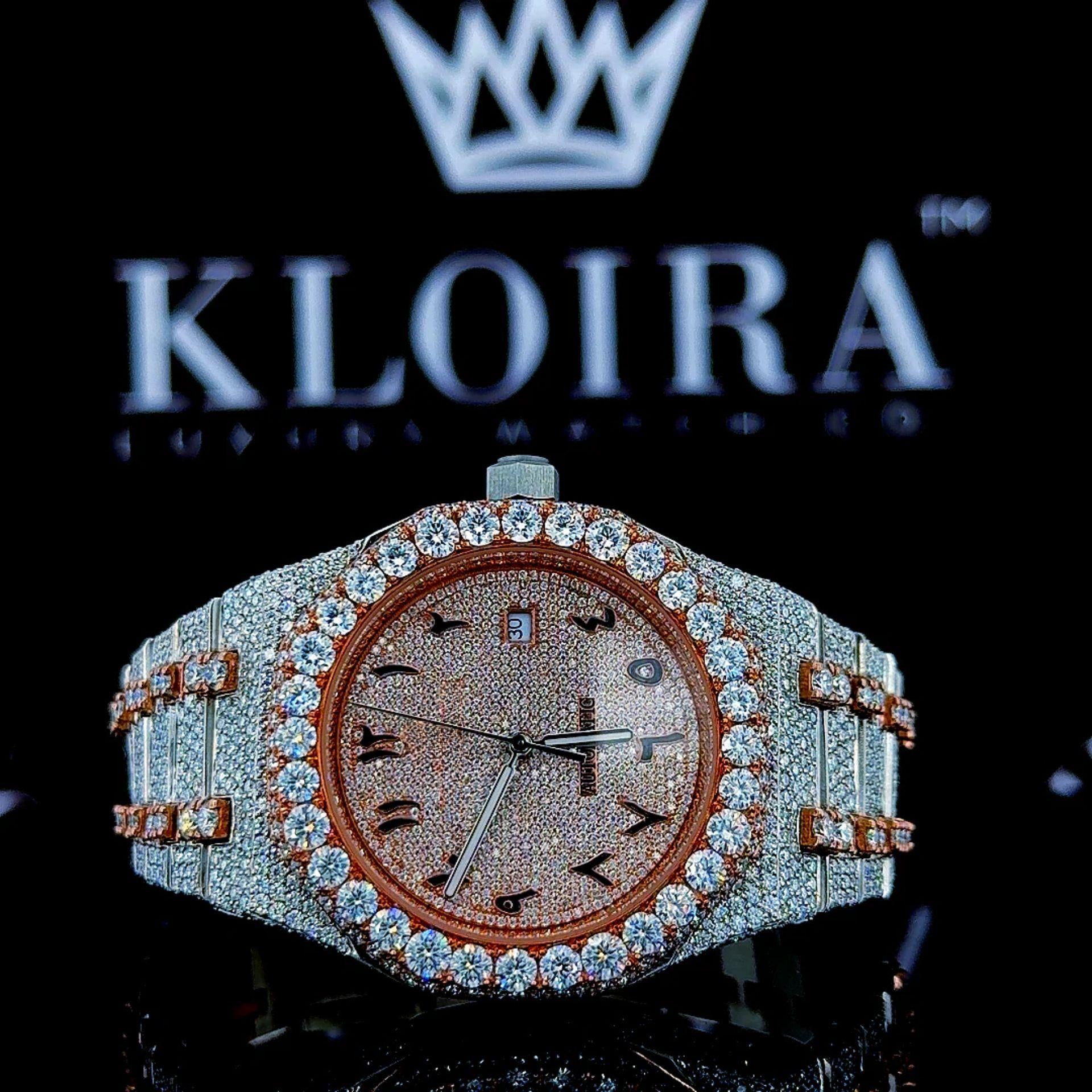 Two Tone Iced Out Rose Gold Dial Arabic Numerals AP Moissanite Watch Front View