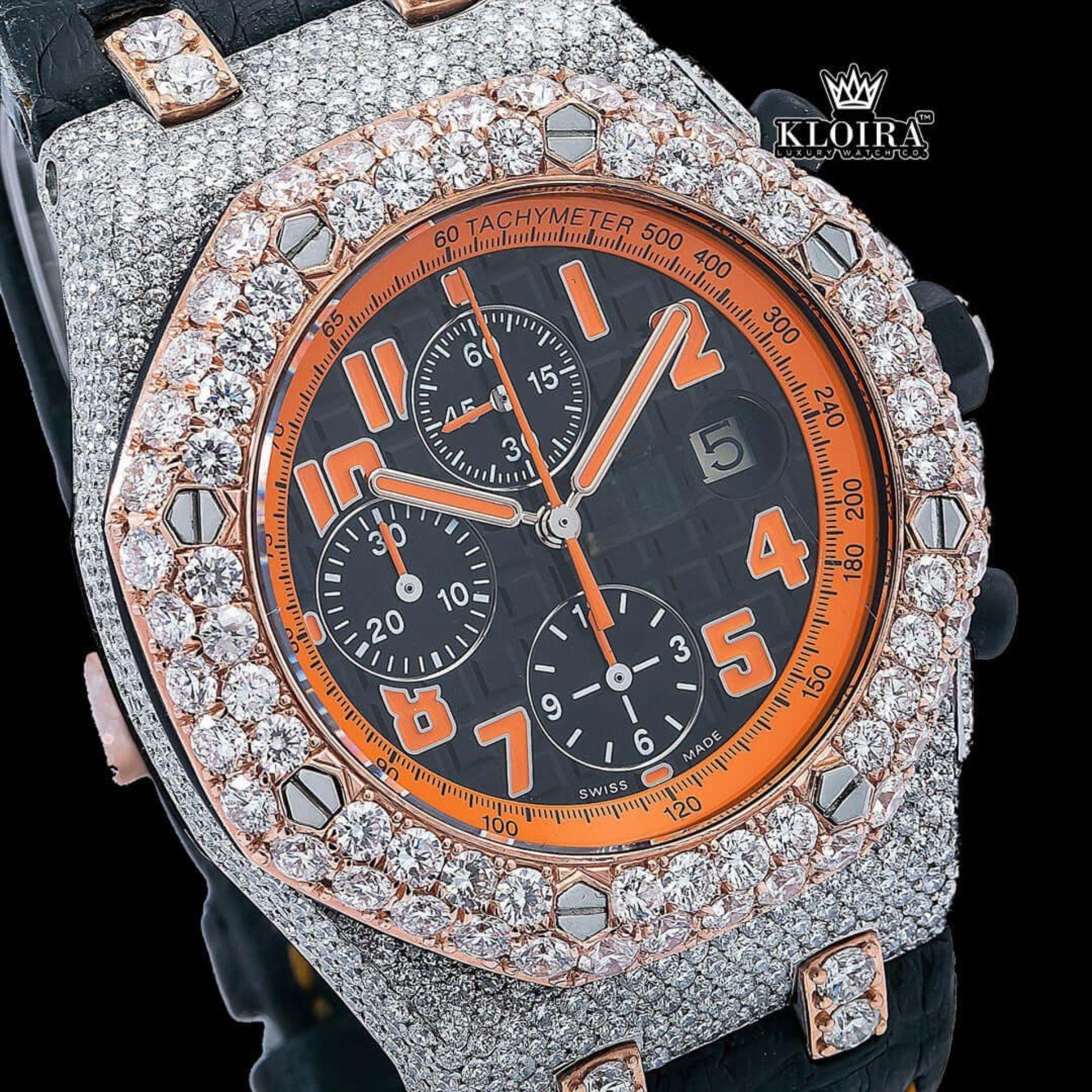 Two Tone Orange Dial Leather Strap Moissanite Diamond Watch Close Up Dial View