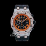 Two Tone Orange Dial Leather Strap Moissanite Diamond Watch